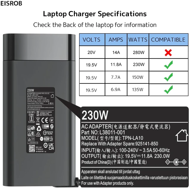 Alt view image 4 of 7 - 230W 19.5V 11.8A AC Adapter Fit for HP Omen Victus ZBook Fury Envy Laptop 200W 19.5V 11.8A, Smart Blue Tip, 10 Ft Long Cord, Multi protections, Replacement for HP Computer, TPN-LA10 Power AC Adapter