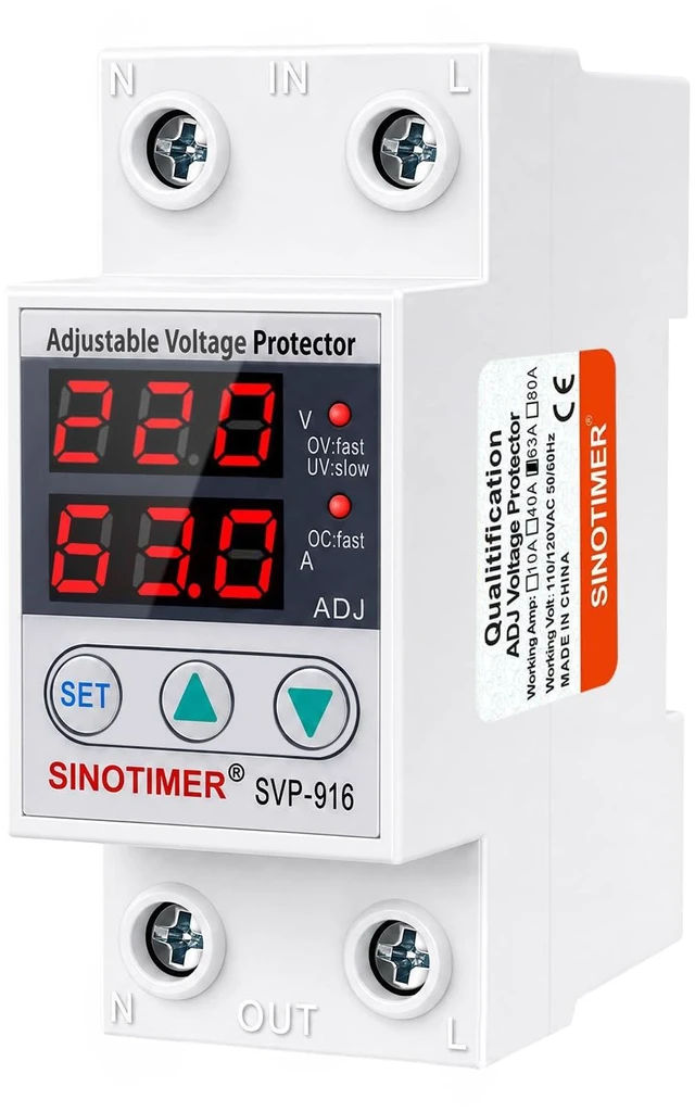 Main image of Adjustable Voltage Surge Protector 220VAC, 2 LED Displays, Overvoltage and Undervoltage Current Limit Relay, Smart Circuit Breaker AC Disconnect, 60Hz 63A with DIN Rail Mount