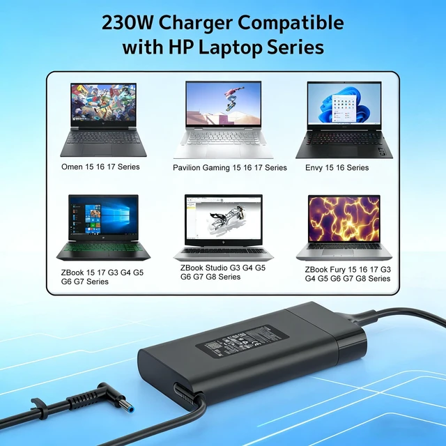 Alt view image 6 of 7 - 230W 19.5V 11.8A AC Adapter Fit for HP Omen Victus ZBook Fury Envy Laptop 200W 19.5V 11.8A, Smart Blue Tip, 10 Ft Long Cord, Multi protections, Replacement for HP Computer, TPN-LA10 Power AC Adapter