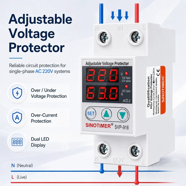 Alt view image 2 of 7 - Adjustable Voltage Surge Protector 220VAC, 2 LED Displays, Overvoltage and Undervoltage Current Limit Relay, Smart Circuit Breaker AC Disconnect, 60Hz 63A with DIN Rail Mount