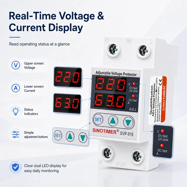 Alt view image 4 of 7 - Adjustable Voltage Surge Protector 220VAC, 2 LED Displays, Overvoltage and Undervoltage Current Limit Relay, Smart Circuit Breaker AC Disconnect, 60Hz 63A with DIN Rail Mount