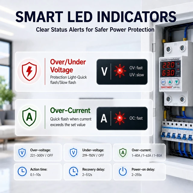 Alt view image 5 of 7 - Adjustable Voltage Surge Protector 220VAC, 2 LED Displays, Overvoltage and Undervoltage Current Limit Relay, Smart Circuit Breaker AC Disconnect, 60Hz 63A with DIN Rail Mount