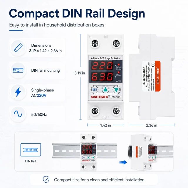 Alt view image 6 of 7 - Adjustable Voltage Surge Protector 220VAC, 2 LED Displays, Overvoltage and Undervoltage Current Limit Relay, Smart Circuit Breaker AC Disconnect, 60Hz 63A with DIN Rail Mount