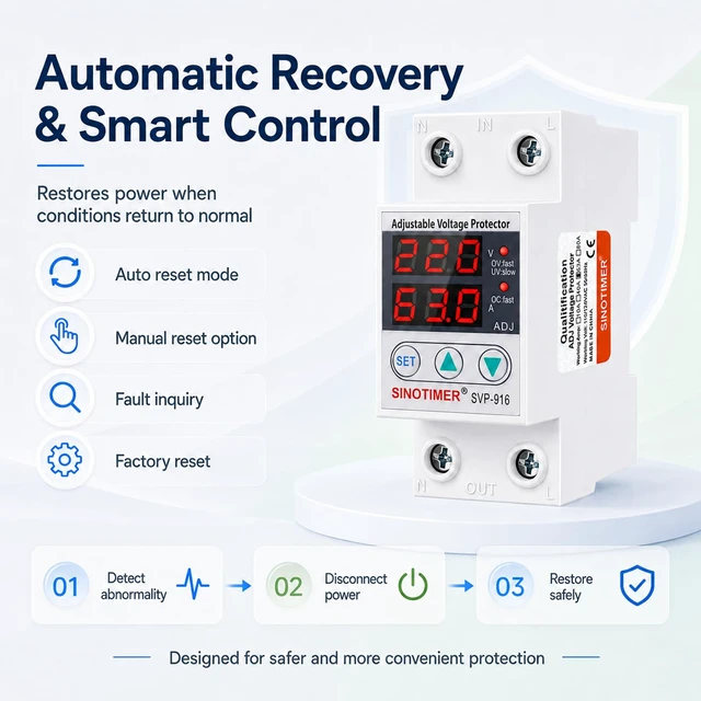 Alt view image 7 of 7 - Adjustable Voltage Surge Protector 220VAC, 2 LED Displays, Overvoltage and Undervoltage Current Limit Relay, Smart Circuit Breaker AC Disconnect, 60Hz 63A with DIN Rail Mount