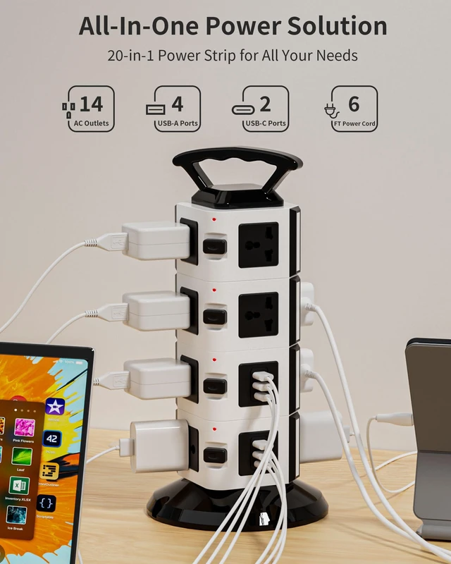 Alt view image 2 of 7 - Power Strip Tower with 14 Outlets, 4 USB-A & 2 USB-C Ports, 1875W/15A Heavy Duty Charging Station for Multiple Devices, Plug Tower with 6ft Extension Cord, for Home, Office, Dorm