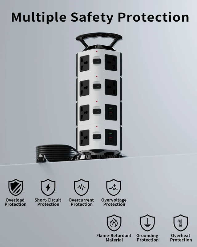 Alt view image 4 of 7 - Power Strip Tower with 14 Outlets, 4 USB-A & 2 USB-C Ports, 1875W/15A Heavy Duty Charging Station for Multiple Devices, Plug Tower with 6ft Extension Cord, for Home, Office, Dorm
