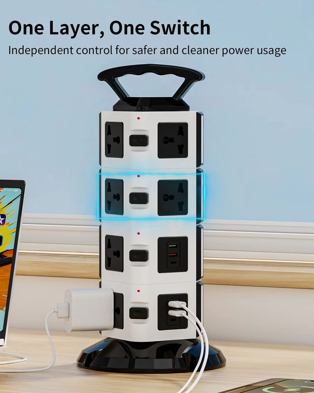 Alt view image 3 of 7 - Power Strip Tower with 14 Outlets, 4 USB-A & 2 USB-C Ports, 1875W/15A Heavy Duty Charging Station for Multiple Devices, Plug Tower with 6ft Extension Cord, for Home, Office, Dorm
