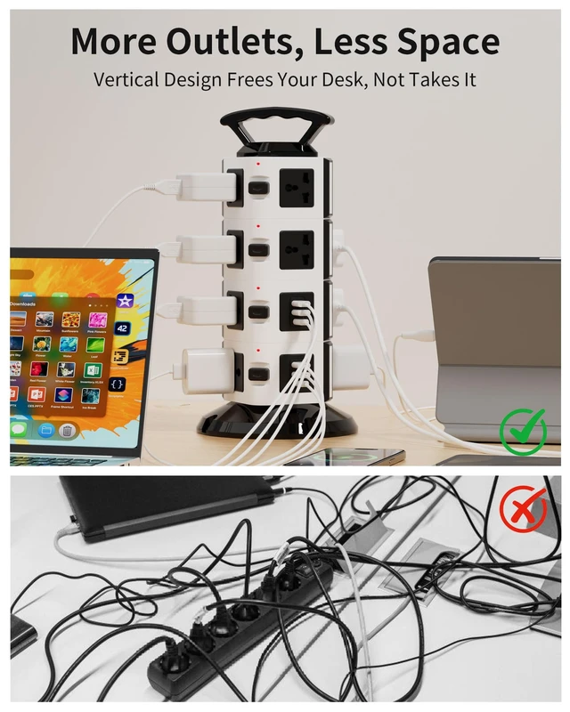 Alt view image 5 of 7 - Power Strip Tower with 14 Outlets, 4 USB-A & 2 USB-C Ports, 1875W/15A Heavy Duty Charging Station for Multiple Devices, Plug Tower with 6ft Extension Cord, for Home, Office, Dorm