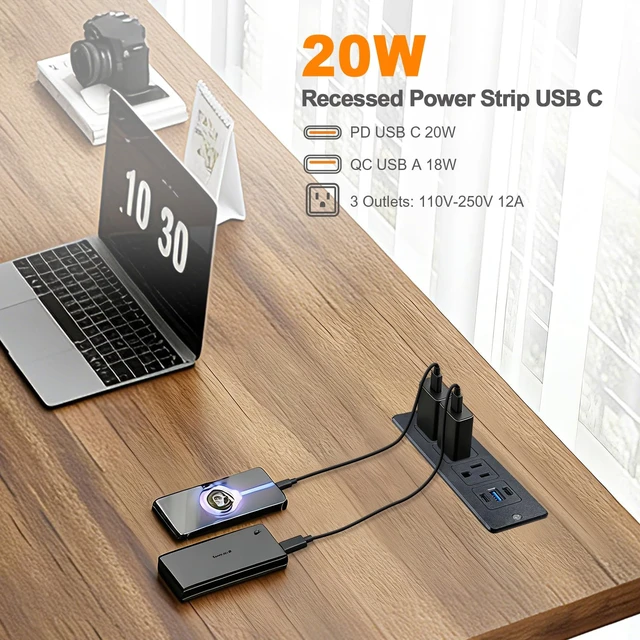 Alt view image 2 of 6 - Furniture Recessed Power Strip with USB C 20W & USB A 18W,3 Outlets 3 USB Ports(2 USB C+1 USB A),Flush Mountable Electrical Outlet for Desk Cabinet Nightstand Counter, 6.56ft Flat Plug Cord (Black)