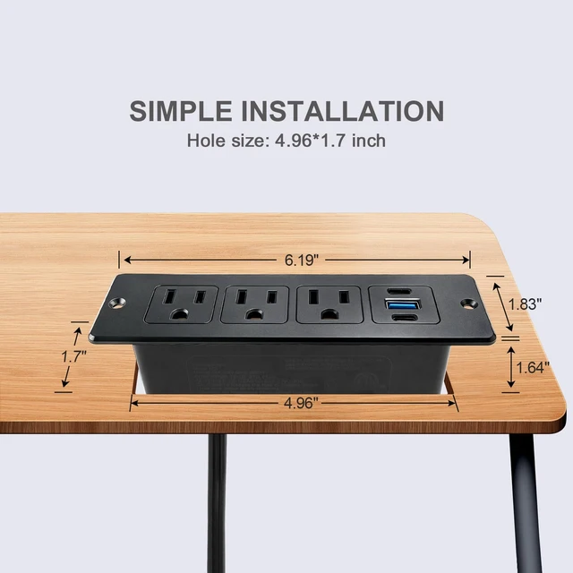 Alt view image 5 of 6 - Furniture Recessed Power Strip with USB C 20W & USB A 18W,3 Outlets 3 USB Ports(2 USB C+1 USB A),Flush Mountable Electrical Outlet for Desk Cabinet Nightstand Counter, 6.56ft Flat Plug Cord (Black)