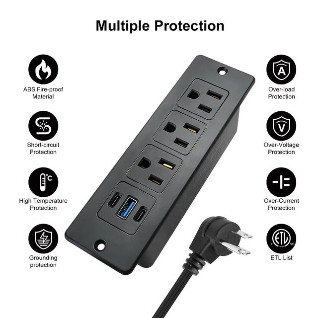 Alt view image 4 of 6 - Furniture Recessed Power Strip with USB C 20W & USB A 18W,3 Outlets 3 USB Ports(2 USB C+1 USB A),Flush Mountable Electrical Outlet for Desk Cabinet Nightstand Counter, 6.56ft Flat Plug Cord (Black)