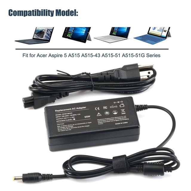 Alt view image 2 of 6 - 65W Charger for Acer Aspire 5 A515 A515-43 A515-51 51G A515-43-R19L 51-58HD for A515-51G-84SN A515-51-3509 A515-52-78MD A515-51G-53V6 A515-43-R5RE Ac Adapter Laptop Power Supply
