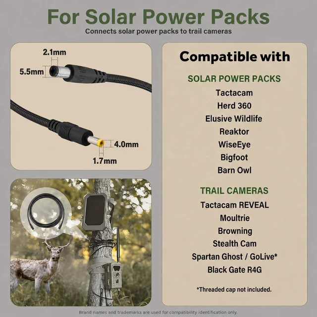 Alt view image 2 of 6 - Chewproof Power Cable for Solar Panel Connector, 5.5x2.1 to 4.0x1.7 Male DC Plug, Compatible with Tactacam Reveal,Stealth Cam,Elusuve Wildlife, WiseEye, Barn Owl, Moultrie & Muddy Trail Cameras, 39"