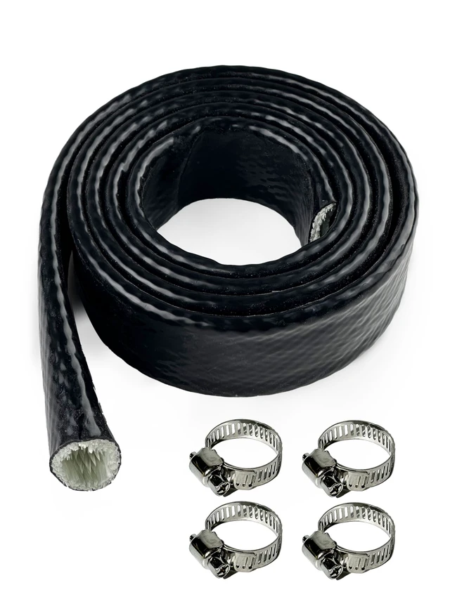 Main image of 5/8" ID Heat Shielded Fire Sleeve w/ 4 Clamps - Black 5FT Silicone Coated Fiberglass Heat Protection for Automotive Hose Lines & Electrical Wiring