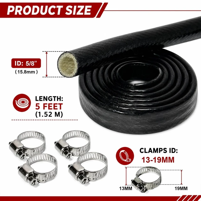 Alt view image 2 of 7 - 5/8" ID Heat Shielded Fire Sleeve w/ 4 Clamps - Black 5FT Silicone Coated Fiberglass Heat Protection for Automotive Hose Lines & Electrical Wiring