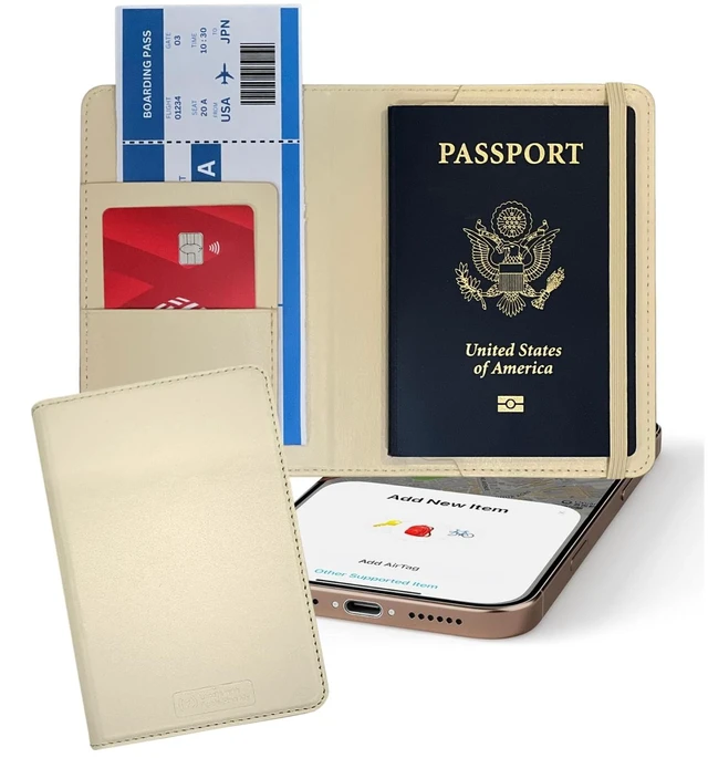 Main image of Travel Passport Holder, Wireless Charging Tracker, iOS Only Milky White Premium PU Leather Cover, Works with Apple Find My, MFi Certified, Card Slots, Boarding Pass Pocket & SIM Storage