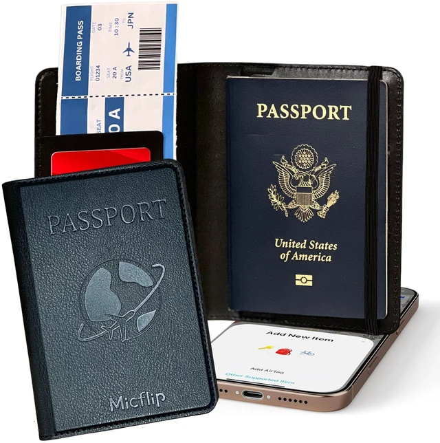 Main image of Travel Passport Holder, Wireless Charging Tracker, iOS Only Black Premium PU Leather Cover, Works with Apple Find My, MFi Certified, Card Slots, Boarding Pass Pocket & SIM Storage