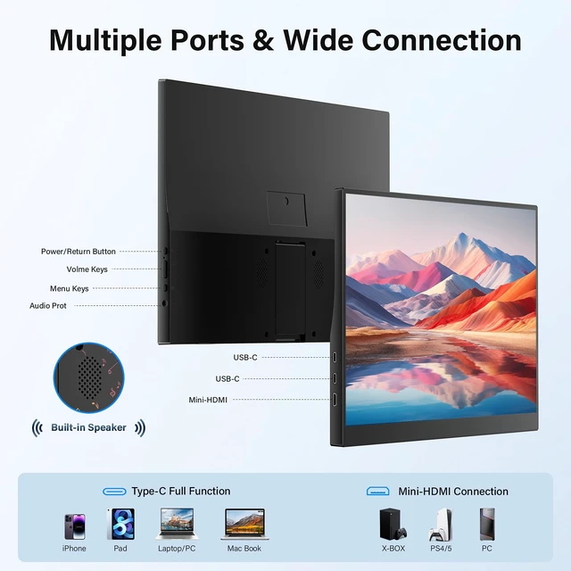Alt view image 2 of 7 - 15.6 Inch Portable Second Monitor for Laptop Ultra-Slim, USB-C and HDMI Second Screen with Kickstand, Lightweight External Display for Business Trip, 1366x768 Home Office Monitor