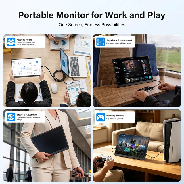 Alt view image 7 of 7 - 15.6 Inch Portable Second Monitor for Laptop Ultra-Slim, USB-C and HDMI Second Screen with Kickstand, Lightweight External Display for Business Trip, 1366x768 Home Office Monitor