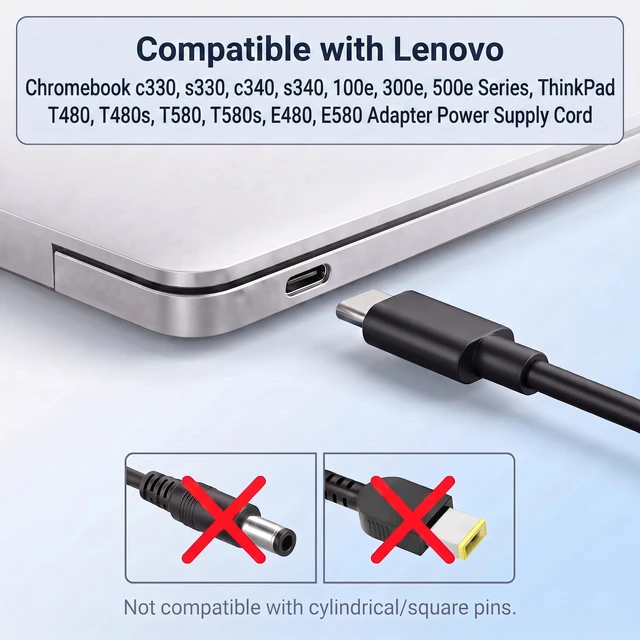 Alt view image 3 of 7 - 45W Type USB C Laptop Charger Compatible with Lenovo Chromebook c330 s330 c340 s340 100e 300e 500e Series, ThinkPad T480 T480s T580 T580s E480 E580 Adapter Power Supply Cord