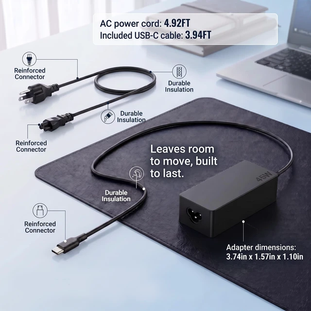 Alt view image 5 of 7 - 45W Type USB C Laptop Charger Compatible with Lenovo Chromebook c330 s330 c340 s340 100e 300e 500e Series, ThinkPad T480 T480s T580 T580s E480 E580 Adapter Power Supply Cord
