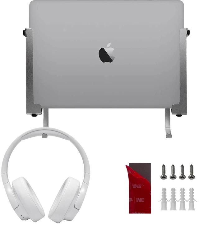 Main image of Aluminum Laptop/Tablet Wall Mount up to 1.6 inchs Thick (Silver) Macbook & iPad Holder, Headphone Hook, Anti-Scratch Pads, Adjustable Thickness, No Drill Adhesive Or Screw-On Installation