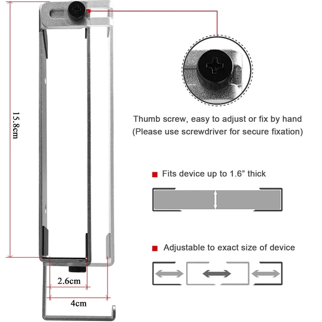 Alt view image 2 of 7 - Aluminum Laptop/Tablet Wall Mount up to 1.6 inchs Thick (Silver) Macbook & iPad Holder, Headphone Hook, Anti-Scratch Pads, Adjustable Thickness, No Drill Adhesive Or Screw-On Installation