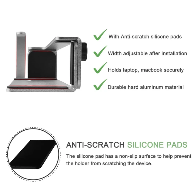 Alt view image 5 of 7 - Aluminum Laptop/Tablet Wall Mount up to 1.6 inchs Thick (Silver) Macbook & iPad Holder, Headphone Hook, Anti-Scratch Pads, Adjustable Thickness, No Drill Adhesive Or Screw-On Installation