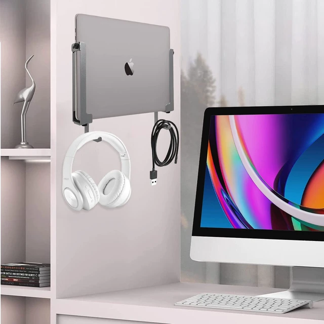 Alt view image 6 of 7 - Aluminum Laptop/Tablet Wall Mount up to 1.6 inchs Thick (Silver) Macbook & iPad Holder, Headphone Hook, Anti-Scratch Pads, Adjustable Thickness, No Drill Adhesive Or Screw-On Installation