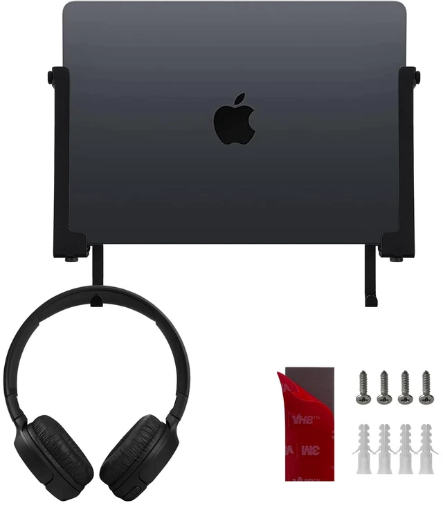 Main image of Aluminum Laptop/Tablet Wall Mount up to 1.6 inchs Thick (Black) Macbook & iPad Holder, Headphone Hook, Anti-Scratch Pads, Adjustable Thickness, No Drill Adhesive Or Screw-On Installation