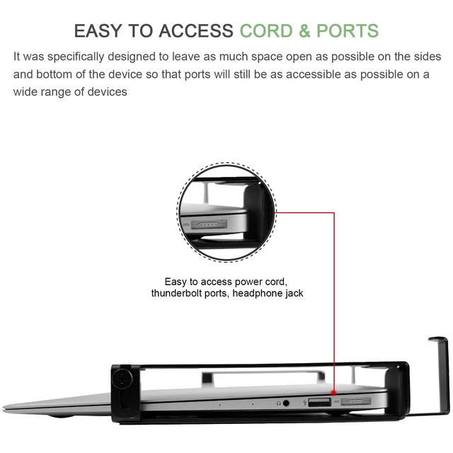 Alt view image 3 of 7 - Aluminum Laptop/Tablet Wall Mount up to 1.6 inchs Thick (Black) Macbook & iPad Holder, Headphone Hook, Anti-Scratch Pads, Adjustable Thickness, No Drill Adhesive Or Screw-On Installation