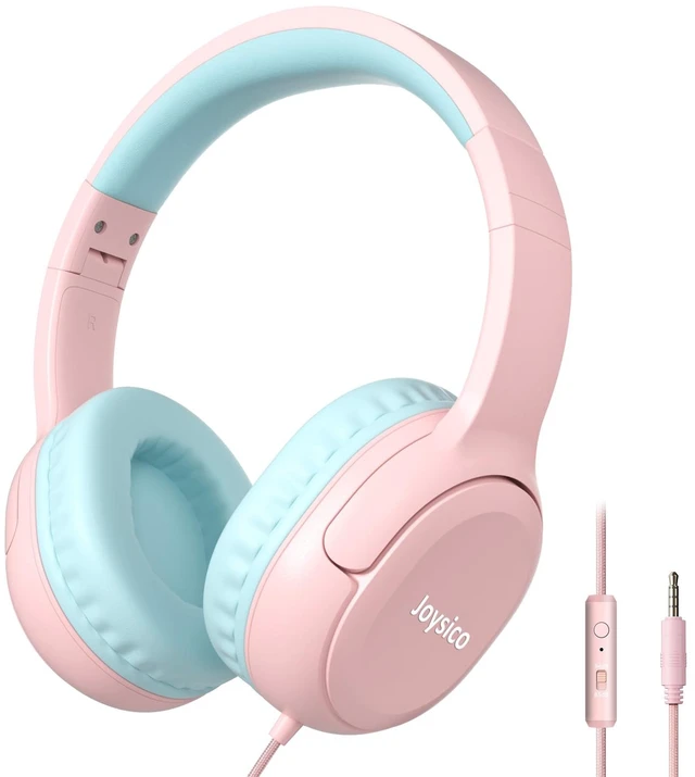 Main image of Kids Headphones Earphones w Cord & Mic for School Class Plane Travel Pink 85/94dB Volume Limit, Wired Over Ear Foldable Durable Comfortable Design, For iPad Tablet Kindle Laptop PC, Boys Girls Teens