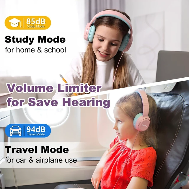 Alt view image 2 of 7 - Kids Headphones Earphones w Cord & Mic for School Class Plane Travel Pink 85/94dB Volume Limit, Wired Over Ear Foldable Durable Comfortable Design, For iPad Tablet Kindle Laptop PC, Boys Girls Teens