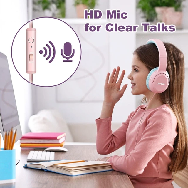 Alt view image 3 of 7 - Kids Headphones Earphones w Cord & Mic for School Class Plane Travel Pink 85/94dB Volume Limit, Wired Over Ear Foldable Durable Comfortable Design, For iPad Tablet Kindle Laptop PC, Boys Girls Teens