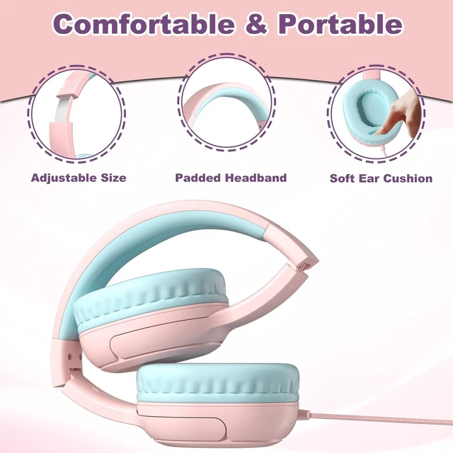 Alt view image 4 of 7 - Kids Headphones Earphones w Cord & Mic for School Class Plane Travel Pink 85/94dB Volume Limit, Wired Over Ear Foldable Durable Comfortable Design, For iPad Tablet Kindle Laptop PC, Boys Girls Teens