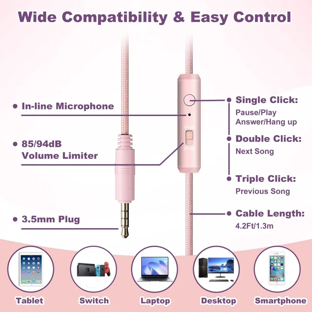 Alt view image 5 of 7 - Kids Headphones Earphones w Cord & Mic for School Class Plane Travel Pink 85/94dB Volume Limit, Wired Over Ear Foldable Durable Comfortable Design, For iPad Tablet Kindle Laptop PC, Boys Girls Teens