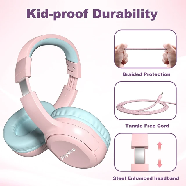 Alt view image 7 of 7 - Kids Headphones Earphones w Cord & Mic for School Class Plane Travel Pink 85/94dB Volume Limit, Wired Over Ear Foldable Durable Comfortable Design, For iPad Tablet Kindle Laptop PC, Boys Girls Teens