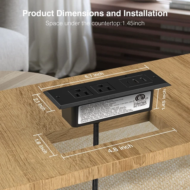 Alt view image 3 of 7 - Type-C Conference Recessed Power Strip Socket,20W PD Fast Charging USB-C Power Strip,with 2 Outlets & 2 USB-A Ports &1 USB-C Port, 6.5ft Extension Cord,Conference Table Hidden Outlet