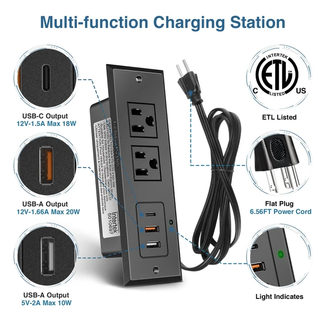 Alt view image 4 of 7 - Type-C Conference Recessed Power Strip Socket,20W PD Fast Charging USB-C Power Strip,with 2 Outlets & 2 USB-A Ports &1 USB-C Port, 6.5ft Extension Cord,Conference Table Hidden Outlet