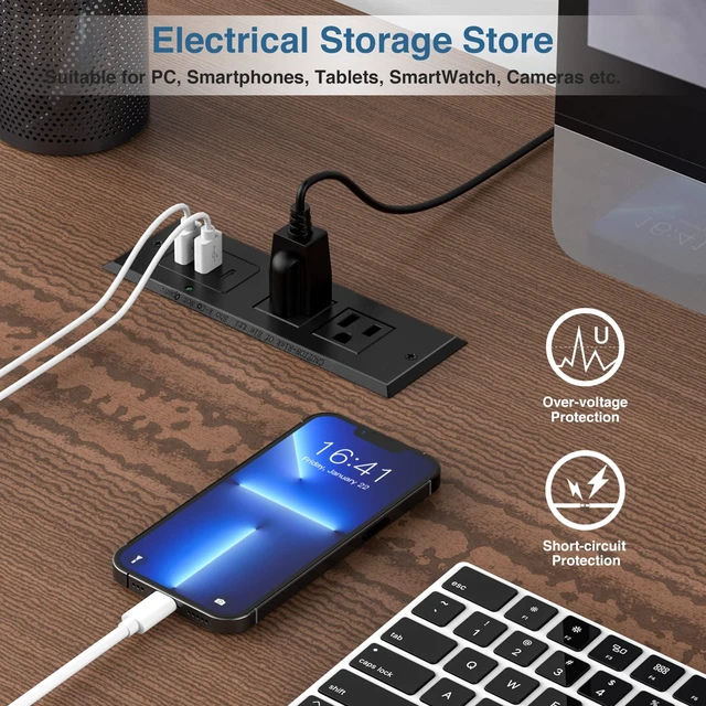 Alt view image 6 of 7 - Type-C Conference Recessed Power Strip Socket,20W PD Fast Charging USB-C Power Strip,with 2 Outlets & 2 USB-A Ports &1 USB-C Port, 6.5ft Extension Cord,Conference Table Hidden Outlet