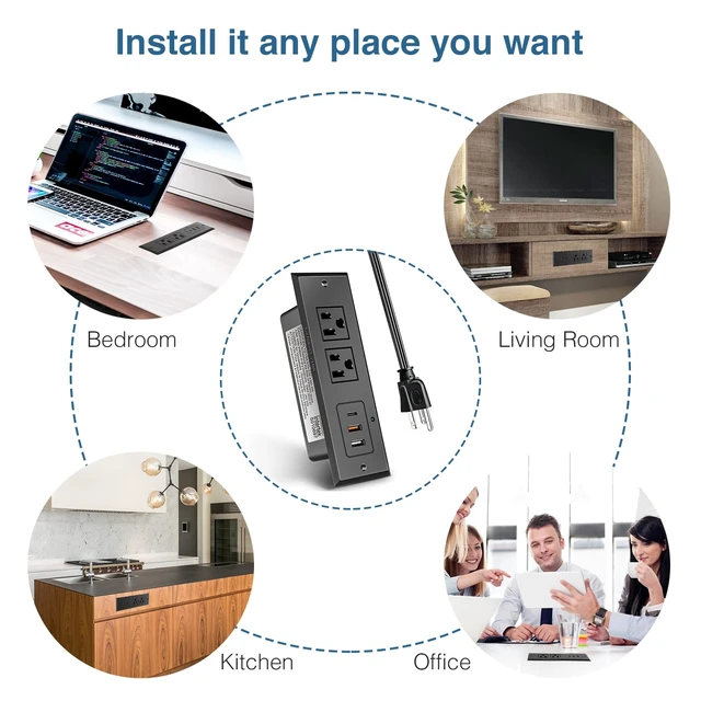 Alt view image 7 of 7 - Type-C Conference Recessed Power Strip Socket,20W PD Fast Charging USB-C Power Strip,with 2 Outlets & 2 USB-A Ports &1 USB-C Port, 6.5ft Extension Cord,Conference Table Hidden Outlet