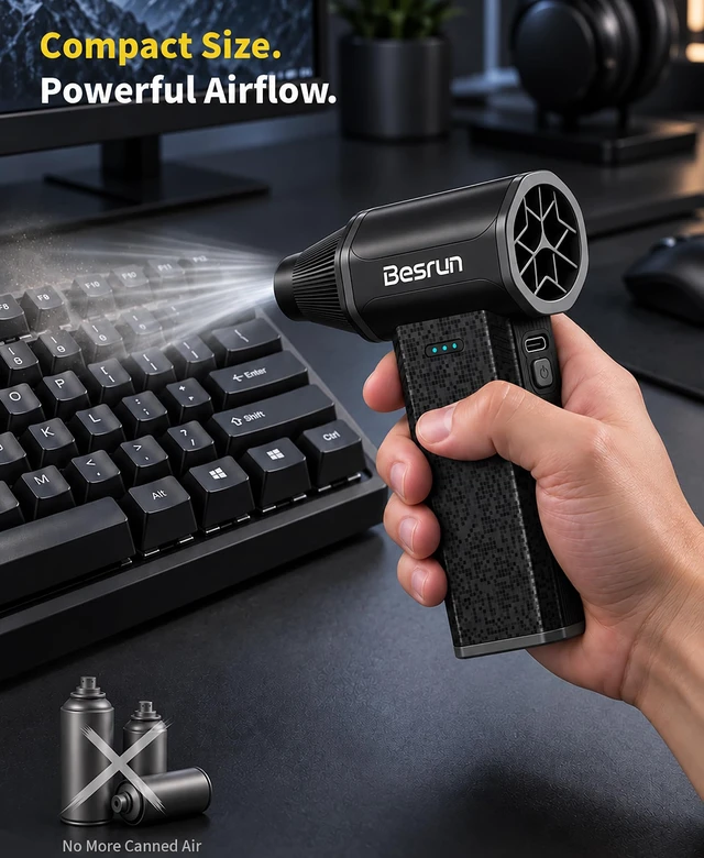 Alt view image 3 of 7 - Compressed Air Duster, 110,000 RPM Brushless Motor, 3-Speed Rechargeable Electric Air Duster, Cordless Air Blower for Computer, Keyboard, Car and Home Cleaning, 0.45 lb, 4 Nozzles & 2 Brushes