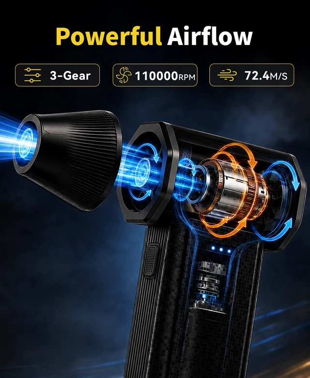 Alt view image 4 of 7 - Compressed Air Duster, 110,000 RPM Brushless Motor, 3-Speed Rechargeable Electric Air Duster, Cordless Air Blower for Computer, Keyboard, Car and Home Cleaning, 0.45 lb, 4 Nozzles & 2 Brushes
