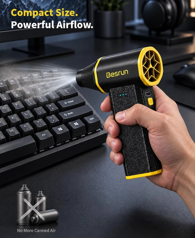 Alt view image 3 of 7 - Compressed Air Duster, 110,000 RPM Brushless Motor, 3-Speed Rechargeable Electric Air Duster, Cordless Air Blower for Computer, Keyboard, Car and Home Cleaning, 0.45 lb, 4 Nozzles & 2 Brushes