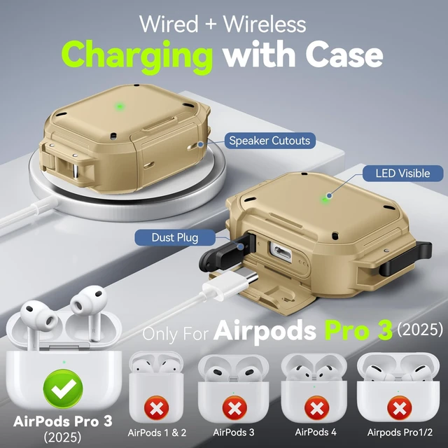 Alt view image 3 of 7 - for AirPods Pro 3 Case IP68 Waterproof with Safety Lock & Phone Stand, Rugged Tough Hard Shell Case for AirPods Pro 3rd Gen 2025 Cover with Cleaner & Keychain for Men Women, Poweful Drop Protection
