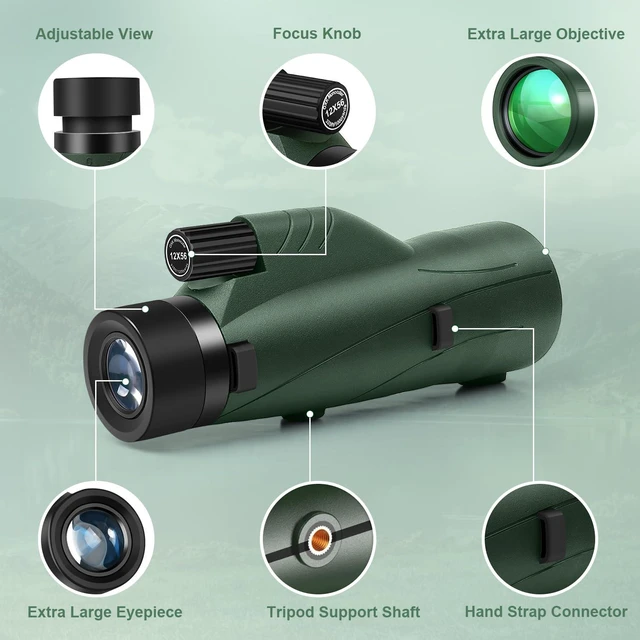 Alt view image 2 of 7 - 12x56 High Power Monocular Telescope for Adults with Tripod Bag Lightweight Monoculars for Smartphone with BAK4 Prism & FMC Lens, Suitable for Bird Watching Camping - Green