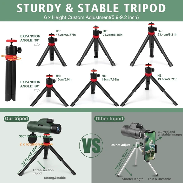 Alt view image 3 of 7 - 12x56 High Power Monocular Telescope for Adults with Tripod Bag Lightweight Monoculars for Smartphone with BAK4 Prism & FMC Lens, Suitable for Bird Watching Camping - Green
