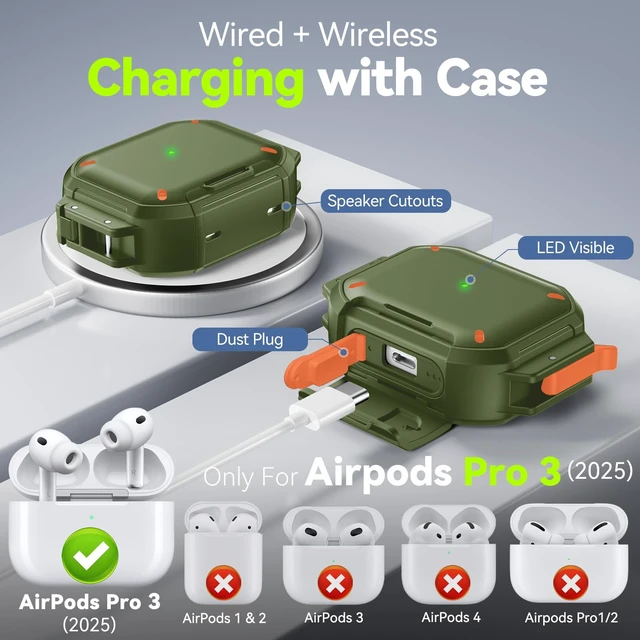 Alt view image 3 of 7 - for AirPods Pro 3 Case IP68 Waterproof with Safety Lock & Phone Stand, Rugged Tough Hard Shell Case for AirPods Pro 3rd Gen 2025 Cover with Cleaner & Keychain for Men Women, Poweful Drop Protection