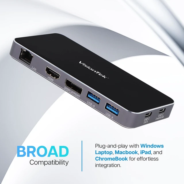 Alt view image 2 of 7 - VT350 Portable USB-C Dual Monitor Hub - 1x DP, 1x HDMI, 2X USB-A, 1x Ethernet, 1x USB-C for Windows/MacOS/ChromeOS/iOS
