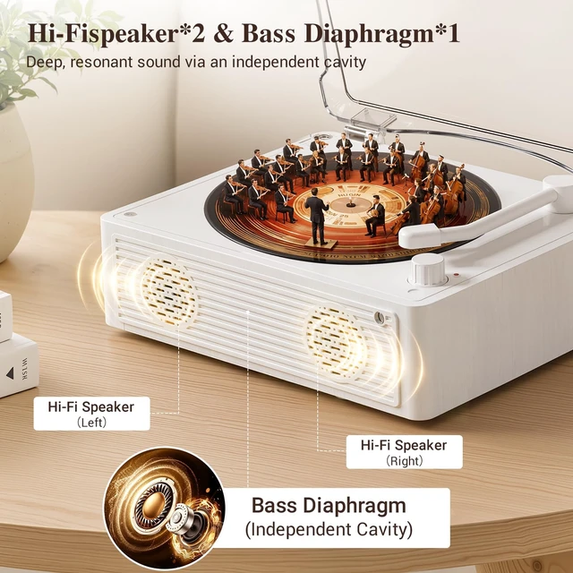 Alt view image 4 of 7 - Portable CD Player with Speakers, 12H Playtime with Bluetooth 5.4, Retro CD Player with Hi-Fi Bass Boost, 5000mAh Battery for Home Decor, Bedroom, Outdoor, Gift (White)